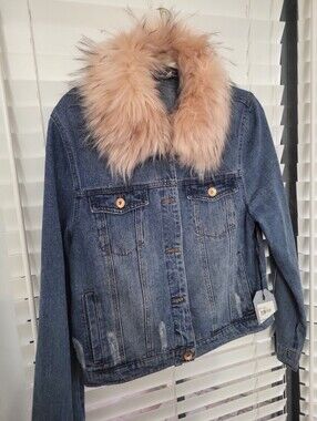 Ci Sono Blue Denim Jacket with Blush Faux-Fur Collar